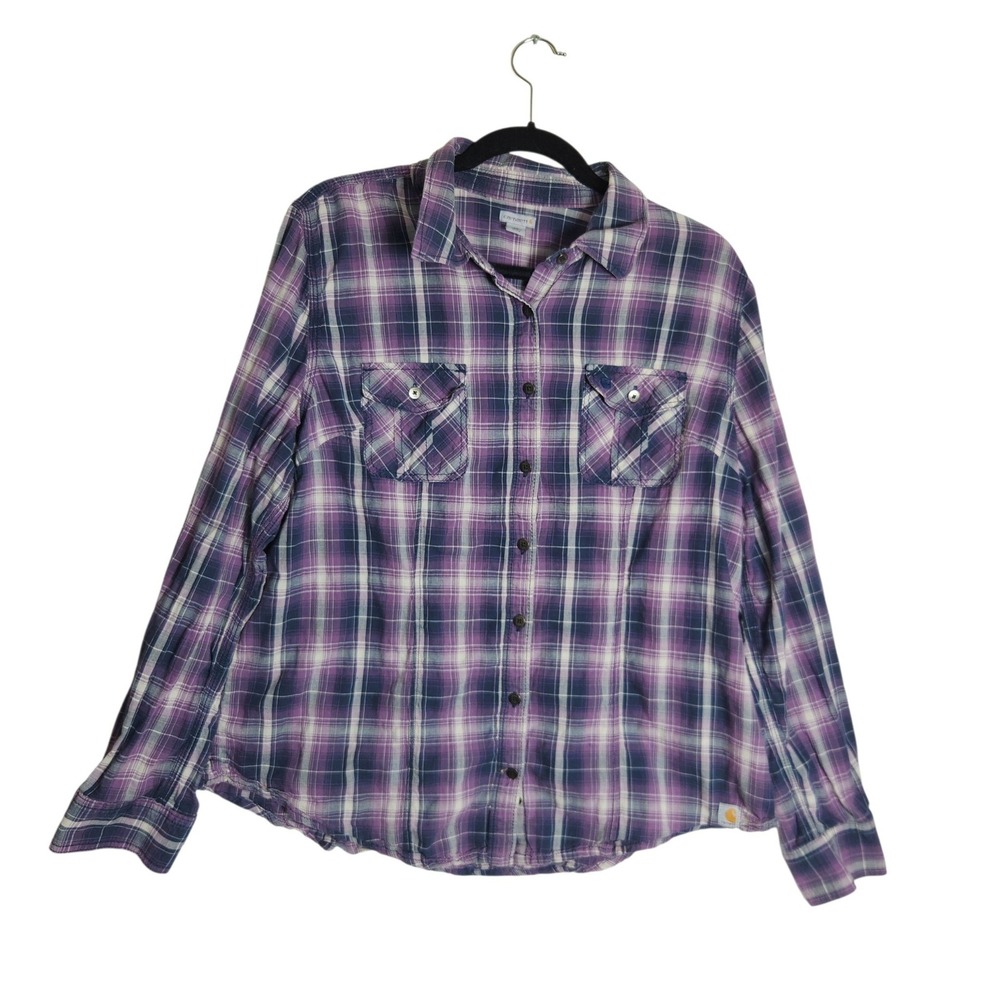 Carhartt Womens XL Purple Plaid Long Sleeve Button Up Shirt 100713 557